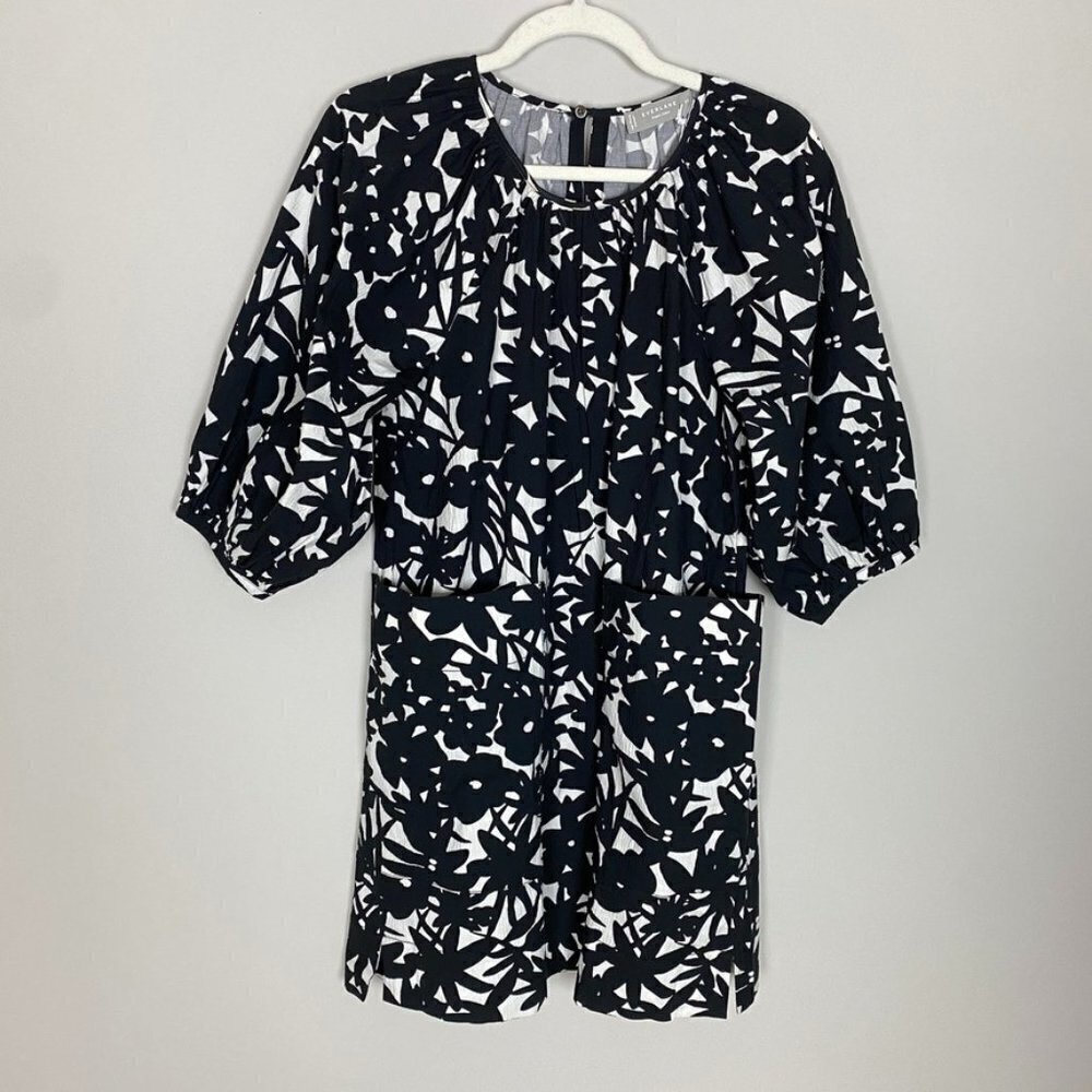 Everlane Puff Sleeve Floral Mini Dress Black & White Womens XS Front Pockets